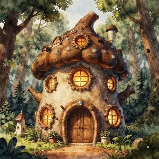 Whimsical, fairy-tale-like wooden house with rounded windows and a mushroom-shaped roof, nestled in a lush, sunlit forest. Brightly