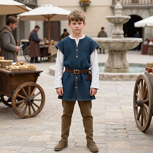 Photograph of a young boy in medieval-style attire standing in a cobblestone courtyard with a fountain, wooden carts, and people in the background.