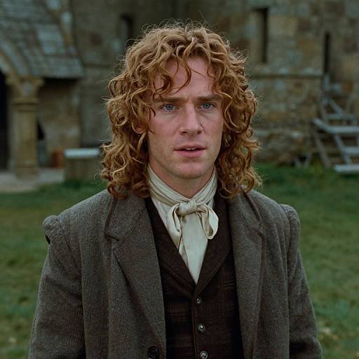 Photograph of a red-haired man with curly hair, wearing a brown tweed jacket, white scarf, and black vest, standing in front of a