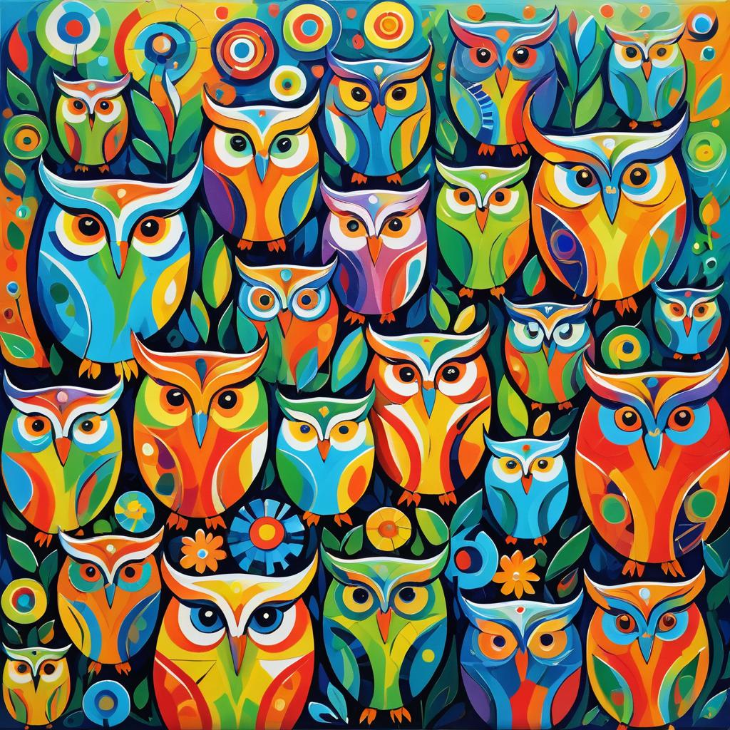 Vibrant Picasso-Style Owl Garden