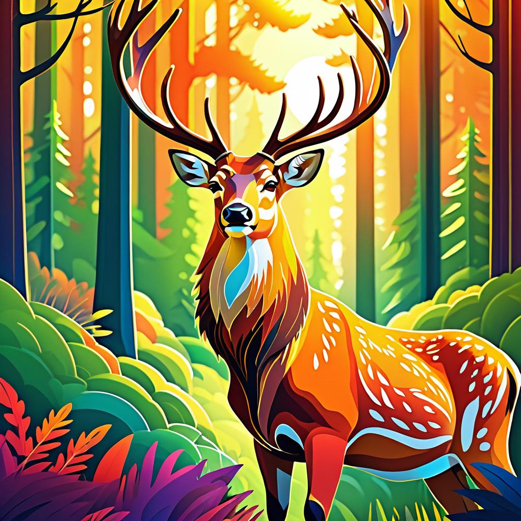 Majestic Cartoon Deer in Sunlit Forest