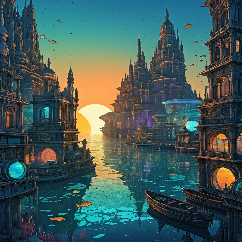 Twilight Underwater City in Vintage Art