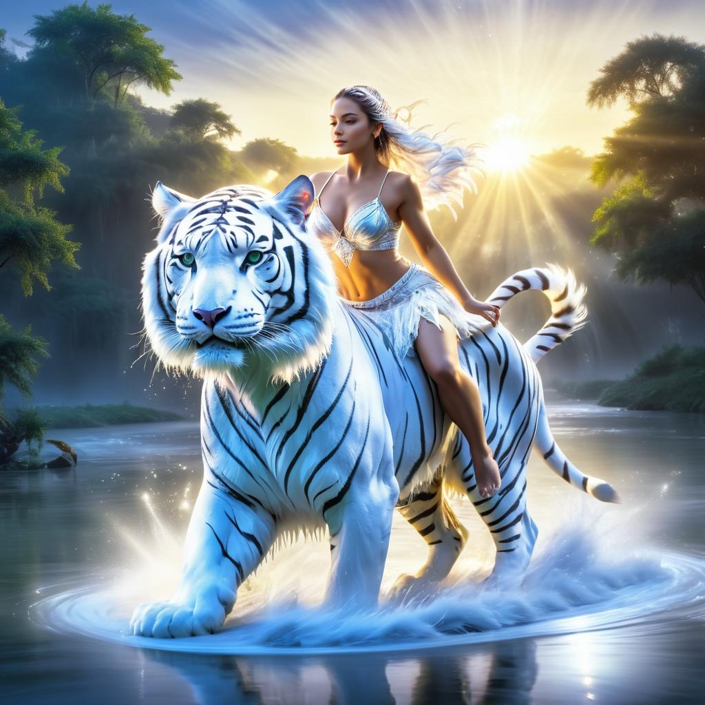 Enchanting Scene of Woman and White Tiger