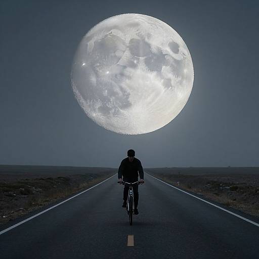 Photograph of a silhouette cyclist facing a massive, bright full moon on a deserted, straight road at night.