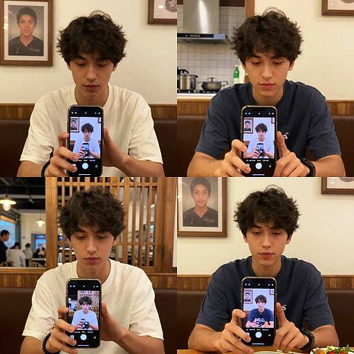 Photograph collage of an Asian teenage boy with curly black hair, wearing white and navy shirts, intently taking selfies with a smartphone in a restaurant with