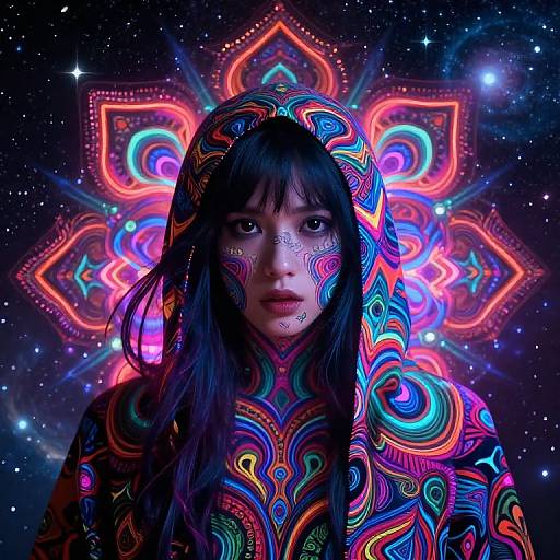 Photograph of an Asian woman with long black hair, wearing a neon, psychedelic hooded sweatshirt, face painted with matching patterns, against a glowing