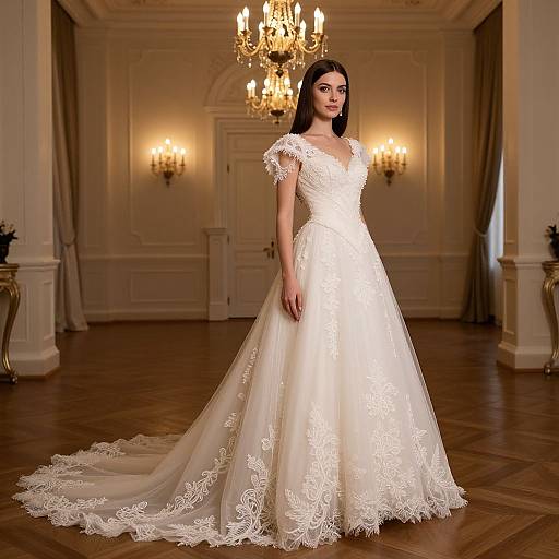 Photograph of a beautiful woman with long black hair in an elegant white lace wedding gown with a long train, standing in a luxurious, warmly lit room