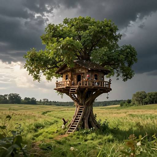 Photograph of a whimsical, wooden treehouse nestled in a large tree, with a ladder, cloudy sky, and lush green meadow.