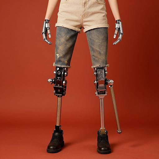 Photograph of a mannequin with prosthetic legs, wearing denim shorts, black boots, metallic gloves, and black mechanical leg braces, against a