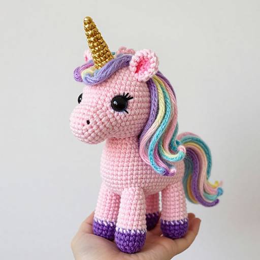 Hand Holding Vibrant Unicorn Crochet Doll
