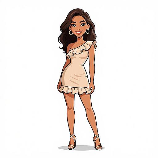 Digital illustration of a smiling woman with dark brown hair, wearing a white off-shoulder, ruffle-trimmed dress and strappy heels,
