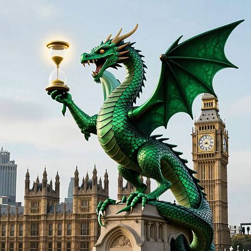 Photograph of a green, dragon statue with wings raised, holding a torch, standing on a stone pedestal in front of Big Ben and the Houses of