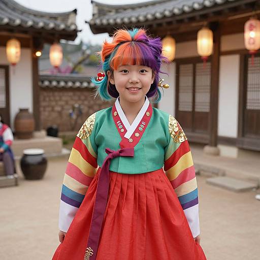 Joyful Korean Teen in Folklore Attire