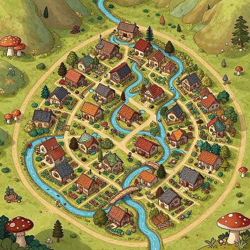 Whimsical digital illustration of a circular village with winding blue rivers, red-roofed houses, and colorful landscapes surrounded by mushrooms and trees.