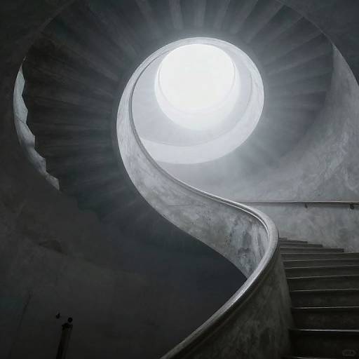 Photograph of a spiraling concrete staircase with a bright, circular skylight at the top, casting stark light and shadows.