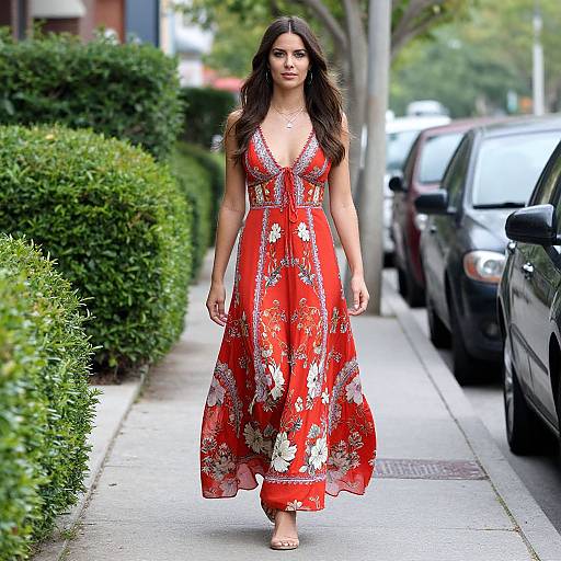 Photograph of a young woman with long brown hair in a deep V-neck, red floral dress, walking down a suburban sidewalk.