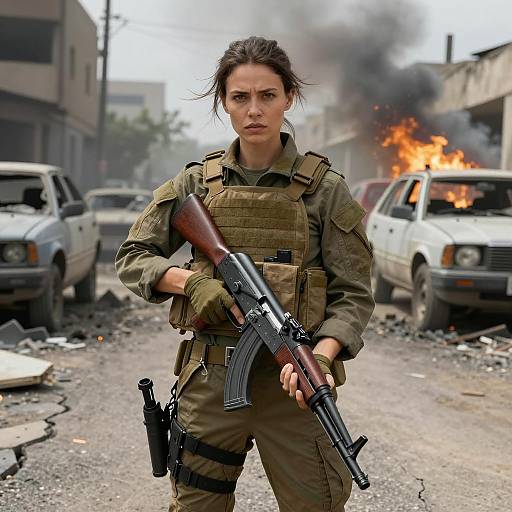 Armed Woman in War-Torn City