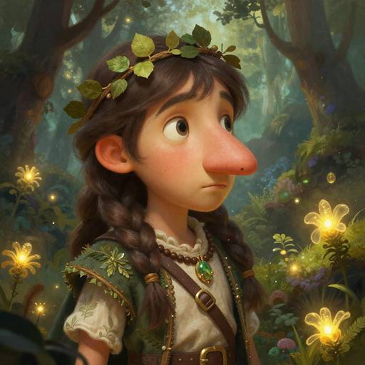 Digital painting of a young girl with a large nose, braided hair, leaf crown, and green vest, surrounded by glowing forest flowers. Ench