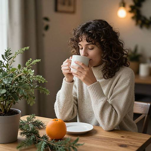 Photograph of a curly-haired woman in a cream sweater, sipping from a white mug, sitting at a wooden table with a potted plant and