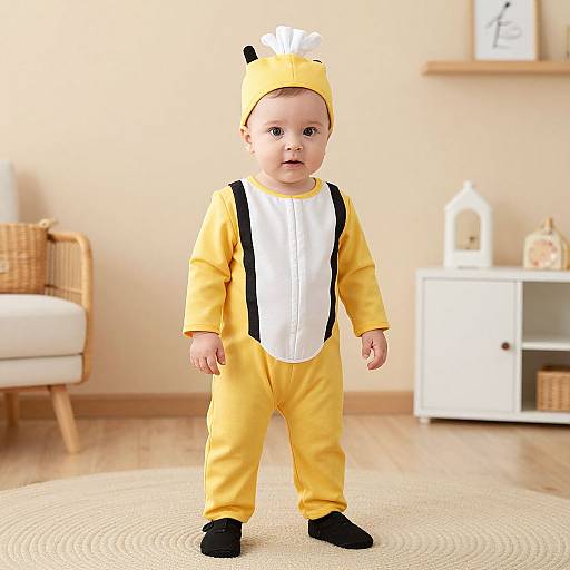 Photograph of a baby in a yellow Pikachu onesie with black suspenders and hat, standing in a bright, cozy room.