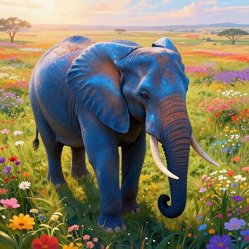 Photograph of a blue-tinted, large African elephant with white tusks standing in a vibrant, colorful meadow filled with flowers at sunset.