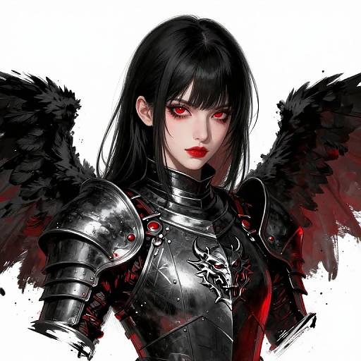Digital art of a pale-skinned, red-eyed woman with black hair and red lips, wearing black, glossy armor with red accents and black feathered