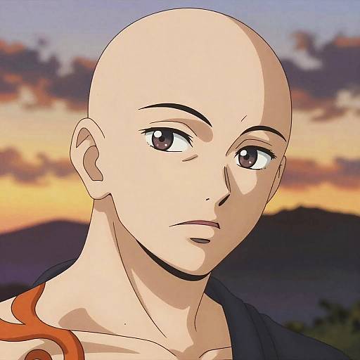Digital anime-style portrait of a bald, fair-skinned character with large, expressive eyes, wearing a red strap, against a sunset sky.