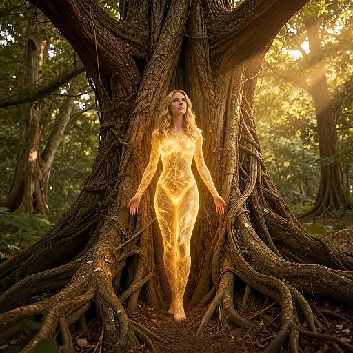 Photograph of a blonde woman in a glowing, golden lace bodysuit standing amidst the massive, twisted roots of an ancient tree in a sunlit