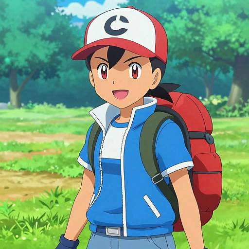 Anime-style digital drawing of a smiling young boy with black hair, red and white cap, blue jacket, and red backpack in a sunny forest.