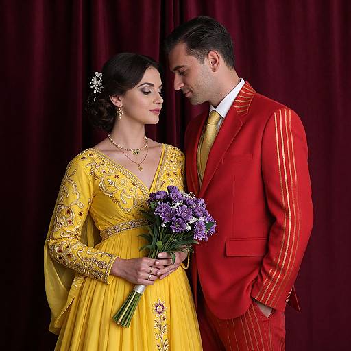 Photograph of a couple in formal attire; woman in yellow embroidered dress holding purple flowers, man in red pinstripe suit, standing against dark red
