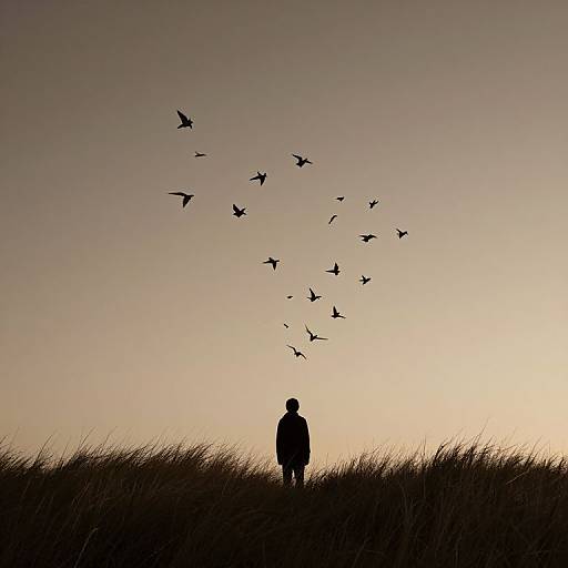 Silhouette of a person standing on grassy hill watching a flock of birds flying in the dusk sky. Minimalistic, serene photograph.