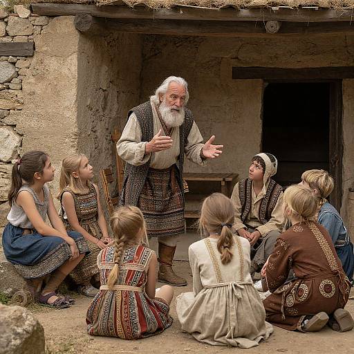 Photograph of an elderly white-bearded man in medieval attire, speaking to a group of young girls in traditional, colorful dresses, in front of a