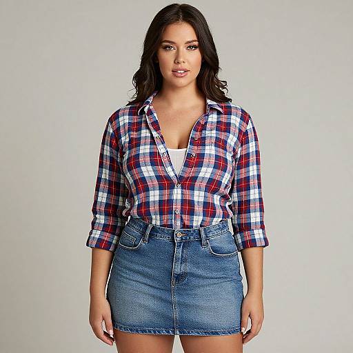 Photograph of a curvy woman with long black hair, wearing a red, white, and blue plaid shirt and blue denim skirt, against a