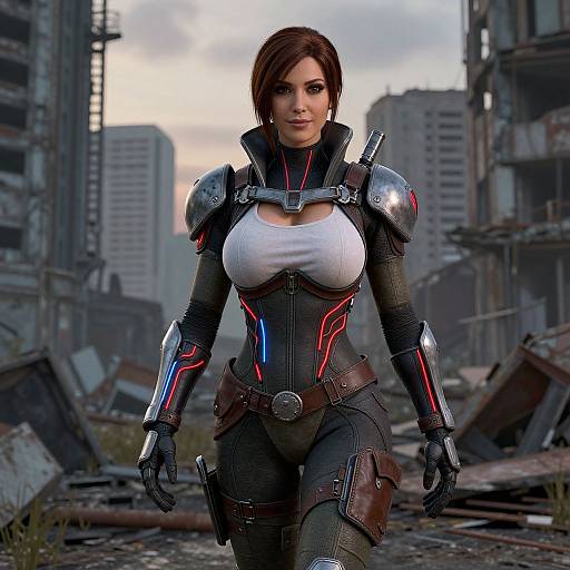 CGI image of a strong, armored woman with short brown hair, large breasts, white tank top, and futuristic armor in a ruined, urban ruin