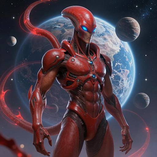 Red Futuristic Alien Warrior in Cosmic Space