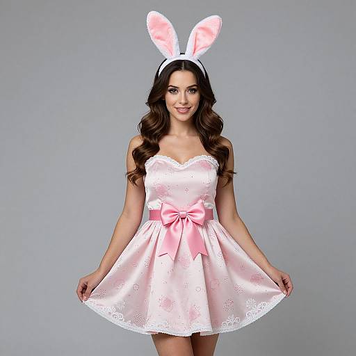 Photograph of a smiling woman with long brown hair, wearing a white lace strapless dress with a pink bow, pink satin ribbon, and white bunny