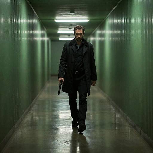 Mysterious Man in Neon Corridor