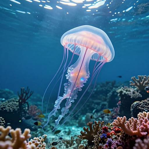 Photograph of a glowing, translucent jellyfish with long, flowing tentacles floating above a vibrant coral reef in a deep blue ocean. Sunlight filters