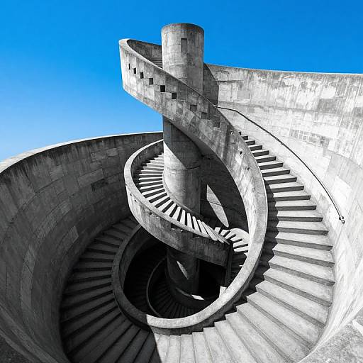 Photograph of a modern, spiral concrete staircase with sharp shadows, set against a vibrant blue sky. The structure is textured with visible steps and a cylindrical