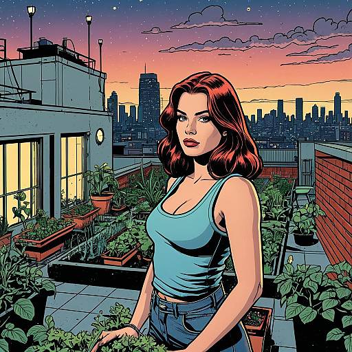 Woman in Urban Rooftop Garden at Twilight