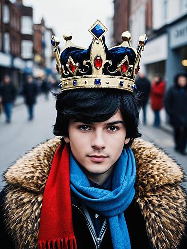 Young Man Wearing Royal Crown on City Street