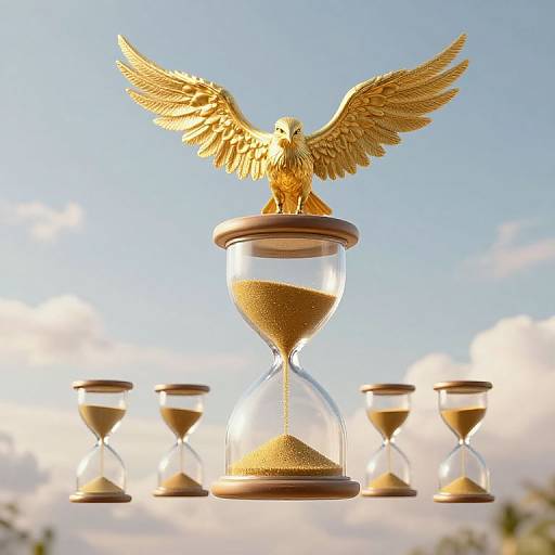 Golden eagle perched on hourglass with sand, surrounded by five smaller hourglasses, against a clear blue sky with clouds. Digital art.