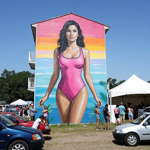 Photograph of a giant mural of a curvy woman in a pink one-piece swimsuit, standing in front of a colorful beach house, surrounded by