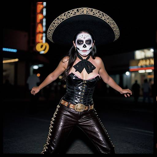 Photograph of a woman in a dark, shiny outfit, white sugar skull mask, large black hat with gold trim, standing on a nighttime street with