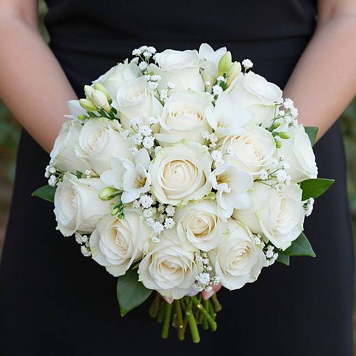 Photograph of a bouquet of white roses with small white filler flowers, held by a person in a black dress.