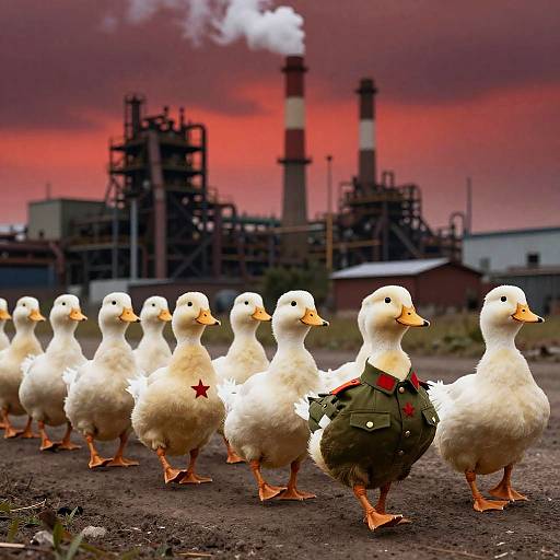 Photograph of white geese with one wearing a green military-style backpack, standing in front of an industrial plant with red sky and smokestacks.