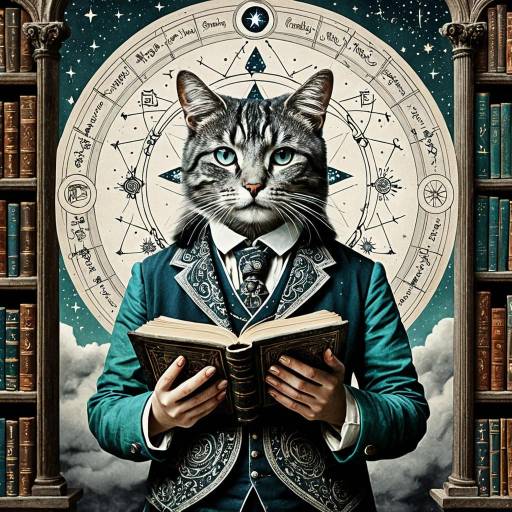 Cat Sage in Celestial Waistcoat Reading Ancient Book