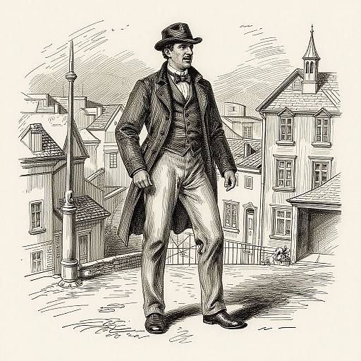 Black and white ink drawing of a Victorian-era man in a long coat, vest, bow tie, and hat, standing in a detailed urban street scene