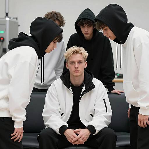 Blonde Man Surrounded by Mysterious Figures