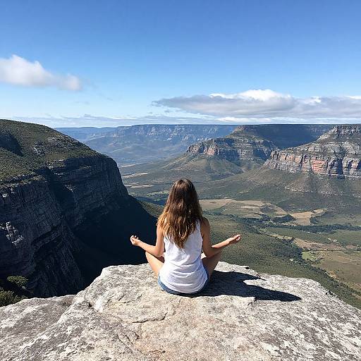 Photograph of a woman with long brown hair, wearing a white tank top, sitting cross-legged on a rocky mountain ledge, meditating with her back